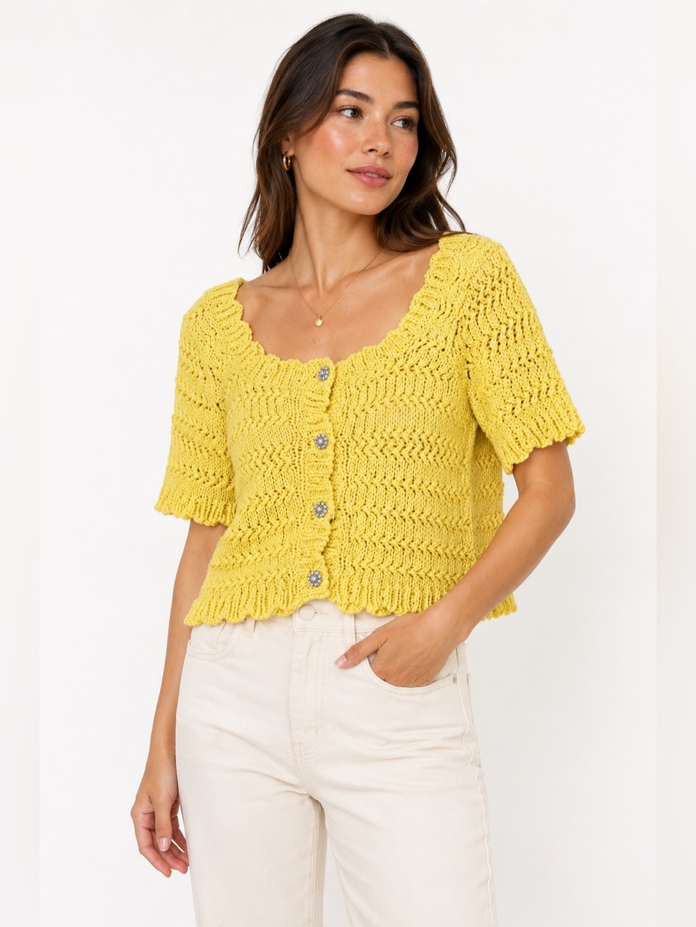 Zara Yellow Crochet Knit Cardigan Top XS Cotton Cottagecore Y2K